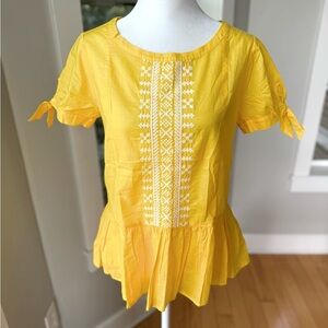 J. Crew Goldenrod Yellow White Embroidered Cotton Poplin Peplum Blouse Top Sz 00